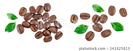 Heap of roasted coffee beans with leaves isolated on white background with full depth of field . Top view. Flat lay. Heap of roasted coffee beans with leaves isolated on white background with full depth of field . Top view. Flat lay. 141825813