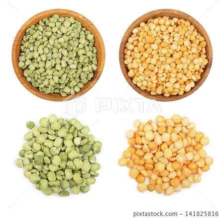 Green and yellow split peas in a wooden bowl isolated on white background. Top view Green and yellow split peas in a wooden bowl isolated on white background. Top view 141825816