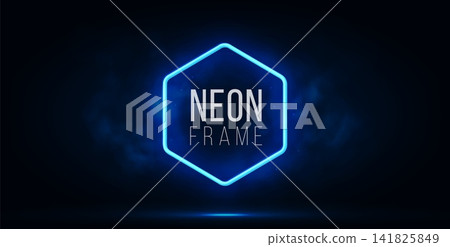 Blue neon hexagon frame with drifting smoke on dark background. Glowing geometric shape with vibrant light. Blue neon hexagon frame with drifting smoke on dark background. Glowing geometric shape with vibrant light. 141825849