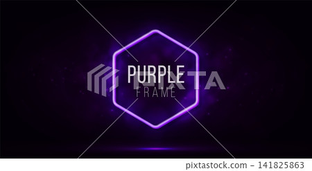 Purple neon hexagon frame with glowing particles on dark background. Illuminated geometric shape with vibrant light. Purple neon hexagon frame with glowing particles on dark background. Illuminated geometric shape with vibrant light. 141825863