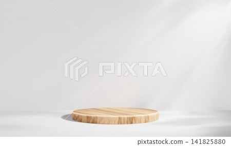 White interior studio scene with wooden podium. Natural wood platform on light surface for product presentation. Minimal clean exhibition backdrop. 141825880