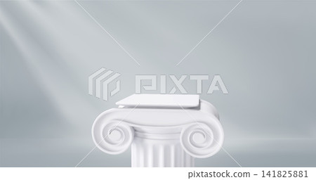3D pillar podium column on light background. White roman platform in Greek style. Minimal clean exhibition backdrop. 141825881