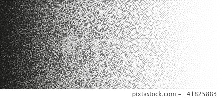 Monochromatic grainy horizontal transition with gritty stipple effect. Black sand particles on white background creating rough halftone gradation. Monochromatic grainy horizontal transition with gritty stipple effect. Black sand particles on white background creating rough halftone gradation. 141825883