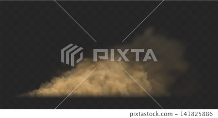 Flying dust cloud from car on black transparent background. Brown sandy particles dispersing in air with realistic dirt explosion effect. Dynamic motion overlay for design and composition. Flying dust cloud from car on black transparent background. Brown sandy particles dispersing in air with realistic dirt explosion effect. Dynamic motion overlay for design and composition. 141825886