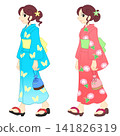 身穿浴衣的女子行走（彩色輪廓） 141826319