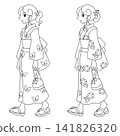 身穿浴衣的女子行走；單色線條畫。 141826320