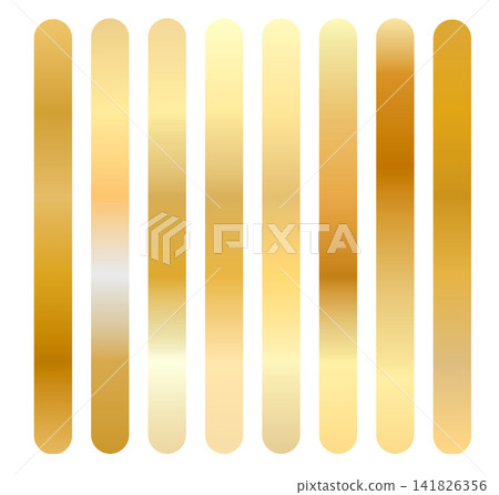Swatch set of vertical rounded golden metallic gradient line bars isolated on white. Metallic gold gradation for banner, web, flyers digital. Glossy palette for premium and luxury designs and branding Swatch set of vertical rounded golden metallic gradient line bars isolated on white. Metallic gold gradation for banner, web, flyers digital. Glossy palette for premium and luxury designs and branding 141826356