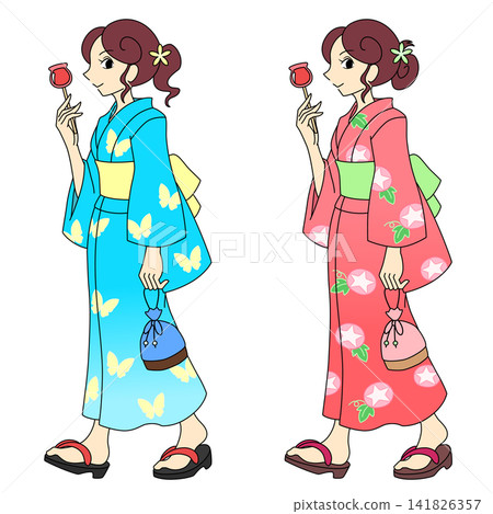 A woman in a yukata holding a candy apple A woman in a yukata holding a candy apple 141826357