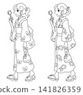 身穿浴衣、手拿糖蘋果的女子——單色線條畫 141826359