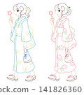 身穿浴衣的女子手拿糖蘋果（彩色線條描圖） 141826360