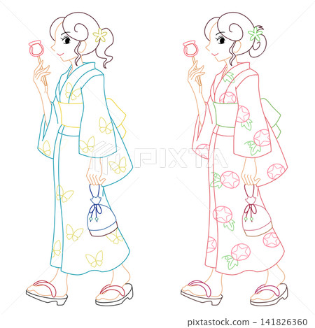 身穿浴衣的女子手拿糖蘋果(彩色線條描圖) 身穿浴衣的女子手拿糖蘋果(彩色線條描圖) 141826360