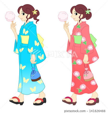 身穿浴衣、手持棉花糖的女子(彩色輪廓) 身穿浴衣、手持棉花糖的女子(彩色輪廓) 141826488
