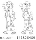 身穿浴衣、手拿棉花糖的女子－單色線條畫 141826489