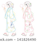 身穿浴衣的女子手捧棉花糖（彩色線條描圖） 141826490