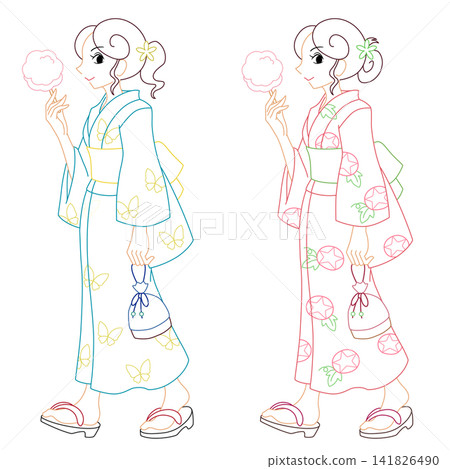身穿浴衣的女子手捧棉花糖(彩色線條描圖) 身穿浴衣的女子手捧棉花糖(彩色線條描圖) 141826490