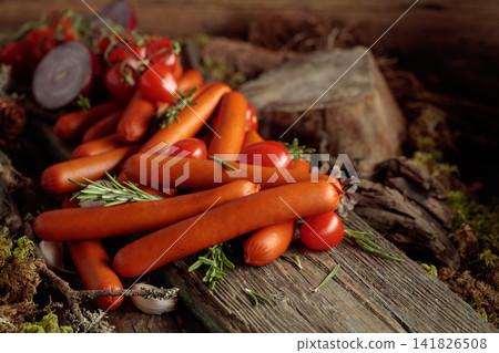 Smoked sausages with tomatoes, onion, garlic, and rosemary on an old board. 141826508