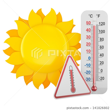 Heat wave warning with sun, thermometer and high temperature sign. 3D rendering Heat wave warning with sun, thermometer and high temperature sign. 3D rendering 141826802