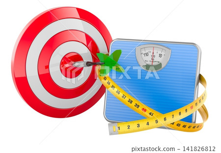Weight loss target with bathroom scale, measuring tape and dartboard. 3D rendering Weight loss target with bathroom scale, measuring tape and dartboard. 3D rendering 141826812