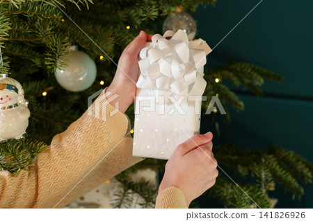Hands holding wrapped Christmas gift under decorated tree at home Hands holding wrapped Christmas gift under decorated tree at home 141826926