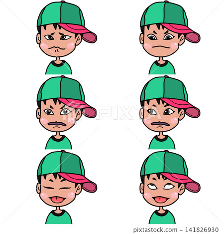 A set of six cute boy character expressions: smiling, crying, scheming, surprised, and downturned mouth. A set of six cute boy character expressions: smiling, crying, scheming, surprised, and downturned mouth. 141826930