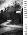 Fork in the Road with Bicycle Path Sign in Black and White 141827435