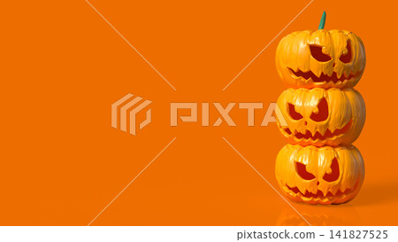 Stacked Scary Halloween Pumpkins on Bright Orange Background 3d render. 141827525