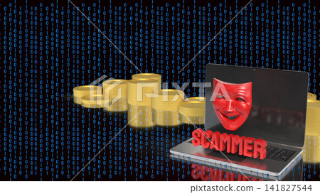Online Scammer Hiding Behind Digital Mask and Laptop 3d render. Online Scammer Hiding Behind Digital Mask and Laptop 3d render. 141827544