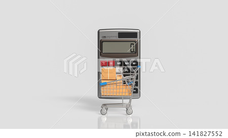 Online Shopping Budget Calculation with Cart and Packages 3d render. Online Shopping Budget Calculation with Cart and Packages 3d render. 141827552