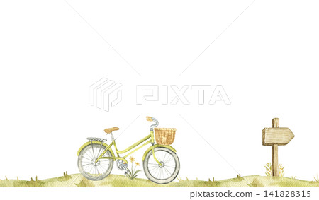 Vintage bicycle with basket beside a wooden sign. Watercolor seamless border for nursery decor, greeting cards, story illustrations and countryside themed projects. Vintage bicycle with basket beside a wooden sign. Watercolor seamless border for nursery decor, greeting cards, story illustrations and countryside themed projects. 141828315