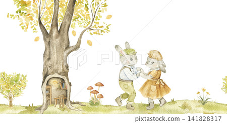 Two dancing woodland bunnies beneath an old forest tree. Watercolor seamless border for nursery decor, greeting cards, story illustrations and autumn themed projects. Two dancing woodland bunnies beneath an old forest tree. Watercolor seamless border for nursery decor, greeting cards, story illustrations and autumn themed projects. 141828317