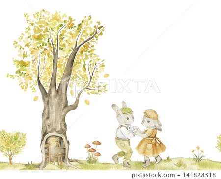 Two dancing woodland bunnies beneath an old forest tree. Watercolor seamless border for nursery decor, greeting cards, storybooks and autumn themed projects. Two dancing woodland bunnies beneath an old forest tree. Watercolor seamless border for nursery decor, greeting cards, storybooks and autumn themed projects. 141828318