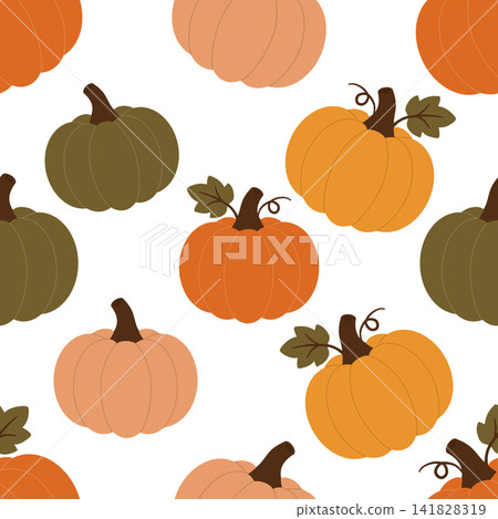 Autumn pumpkin seamless pattern with orange and peach pumpkins and leaves on black background Autumn pumpkin seamless pattern with orange and peach pumpkins and leaves on black background 141828319