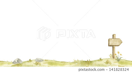 Wooden sign surrounded by grass, stones and mushrooms. Watercolor seamless border for nursery decor, greeting cards, story illustrations and woodland themed projects. Wooden sign surrounded by grass, stones and mushrooms. Watercolor seamless border for nursery decor, greeting cards, story illustrations and woodland themed projects. 141828324