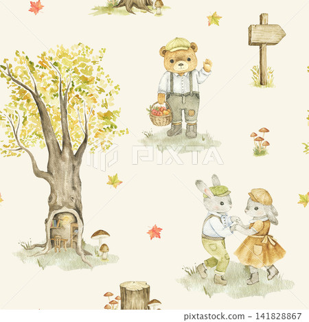 Watercolor seamless pattern with rabbits, bear, tree, signpost and autumn leaves. Hand painted woodland illustration for fabric, wallpaper, wrapping paper, nursery decor and apparel. Autumn fairytale Watercolor seamless pattern with rabbits, bear, tree, signpost and autumn leaves. Hand painted woodland illustration for fabric, wallpaper, wrapping paper, nursery decor and apparel. Autumn fairytale 141828867