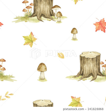 Watercolor seamless pattern with tree stumps, mushrooms, maple leaves and scattered autumn elements. Woodland illustration for fabric, wallpaper, wrapping paper and apparel. Autumn fairytale Watercolor seamless pattern with tree stumps, mushrooms, maple leaves and scattered autumn elements. Woodland illustration for fabric, wallpaper, wrapping paper and apparel. Autumn fairytale 141828868