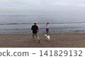A couple enjoying a pleasant stroll along the beach with their white Shiba Inu. 141829132