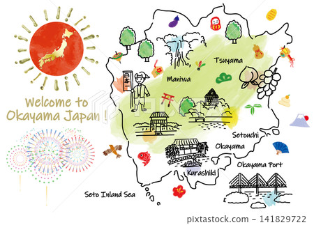 一張描繪岡山縣旅遊景點和吉祥物的地圖，配有可愛的手繪插圖。 141829722