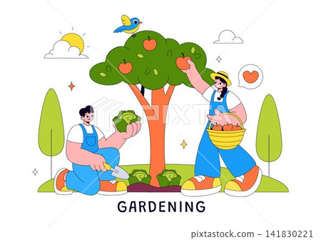 Gardening Vector Illustration Featuring People Planting Trees, Growing Vegetables, Watering Flowers, And Caring For Green Plants Outdoors Gardening Vector Illustration Featuring People Planting Trees, Growing Vegetables, Watering Flowers, And Caring For Green Plants Outdoors 141830221
