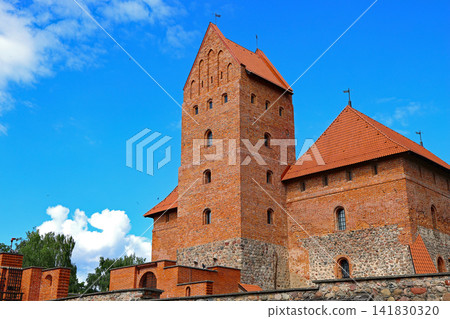 Interior view of Trakai Castle floating on Lake Galve in Lithuania, one of the Baltic states, against a clear blue sky. Interior view of Trakai Castle floating on Lake Galve in Lithuania, one of the Baltic states, against a clear blue sky. 141830320