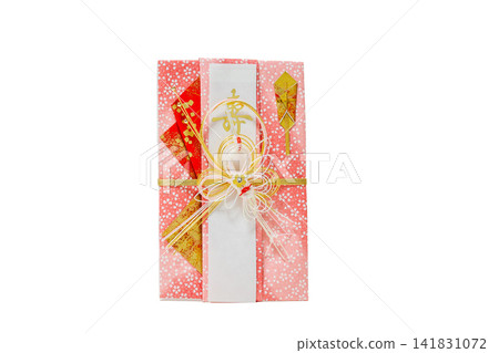 一個漂亮的慶祝信封,配有裝飾繩(水引繩)。 一個漂亮的慶祝信封,配有裝飾繩(水引繩)。 141831072