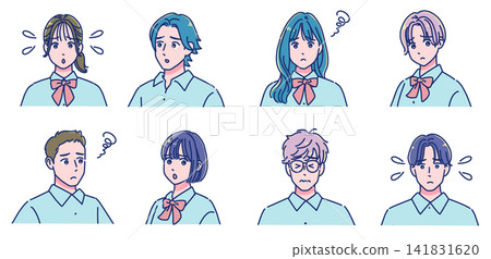 一群動漫風格的男女學生,他們正處於煩惱或憂慮之中。 一群動漫風格的男女學生,他們正處於煩惱或憂慮之中。 141831620