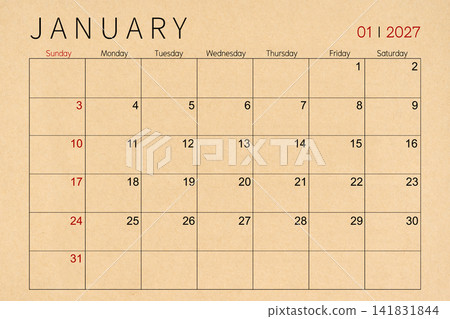 January craft brown paper calendar page for 2027 year. January craft brown paper calendar page for 2027 year. 141831844