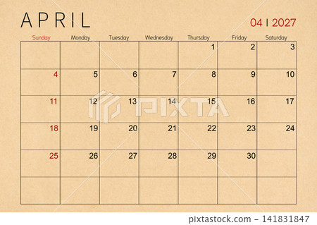 April craft brown paper calendar page for 2027 year. April craft brown paper calendar page for 2027 year. 141831847