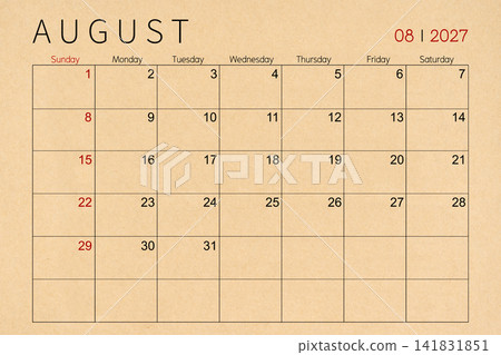 August craft brown paper calendar page for 2027 year. August craft brown paper calendar page for 2027 year. 141831851
