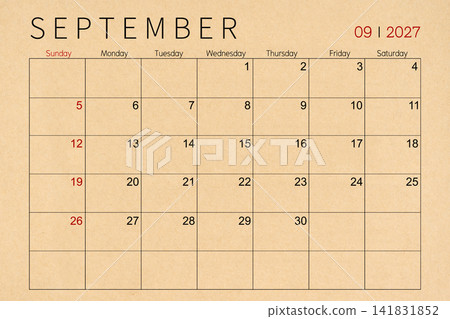 September craft brown paper calendar page for 2027 year. September craft brown paper calendar page for 2027 year. 141831852