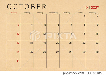 October craft brown paper calendar page for 2027 year. October craft brown paper calendar page for 2027 year. 141831853