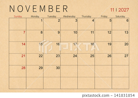 November craft brown paper calendar page for 2027 year. November craft brown paper calendar page for 2027 year. 141831854