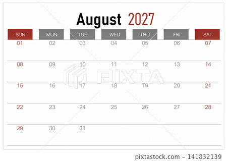 Calendar page for August 2027 year isolated on white background, Save clipping path. Calendar page for August 2027 year isolated on white background, Save clipping path. 141832139