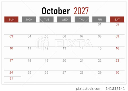 Calendar page for October 2027 year isolated on white background, Save clipping path. Calendar page for October 2027 year isolated on white background, Save clipping path. 141832141