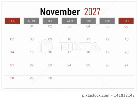 Calendar page for November 2027 year isolated on white background, Save clipping path. Calendar page for November 2027 year isolated on white background, Save clipping path. 141832142